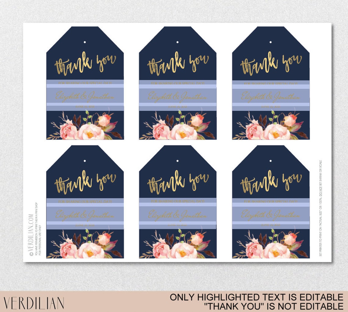 Wedding Favor Tags Template Floral Navy Gold Wedding Thank - Etsy
