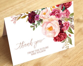 Burgundy Floral Rose Gold Thank You Card Template - Printable Folded Thank You Card Editable DIY PDF Bridal Shower Insert Card|VRD137THR 93