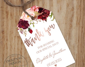 Marsala Rose Gold Favor Tags PDF Template, Floral Wedding, Shower, Birthday Thank You Tag - Editable Gift Tag -DOWNLOAD Instantly|VRD130KR