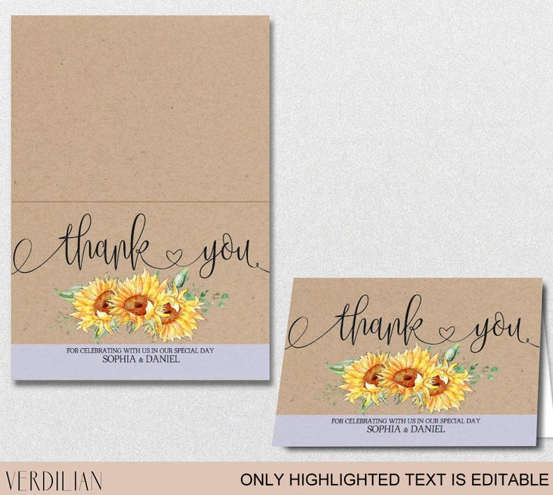 Sunflower Thank You Card Template printable Folded Thank You - Etsy