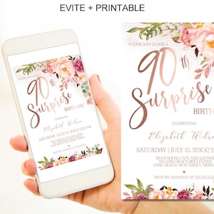 Surprise 90th Birthday Invitations for Women, Rose Gold Floral Surprise 90th Birthday Party Invitations Corjl Instant Download|VRD590VSR