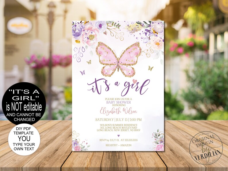 Editable Purple Butterfly Baby Shower Invitation Template Etsy