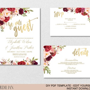 Burgundy Floral Gold Wedding Invitation Template Set-Watercolor Flowers Invite DIY Printable PDF Invitations-Download Instantly VRD137WDV image 2