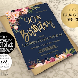 90th Birthday Invitation, Navy Blush Gold Floral Birthday Party Invitation for Women, DIY Printable PDF Instant Download | VRD290BNT