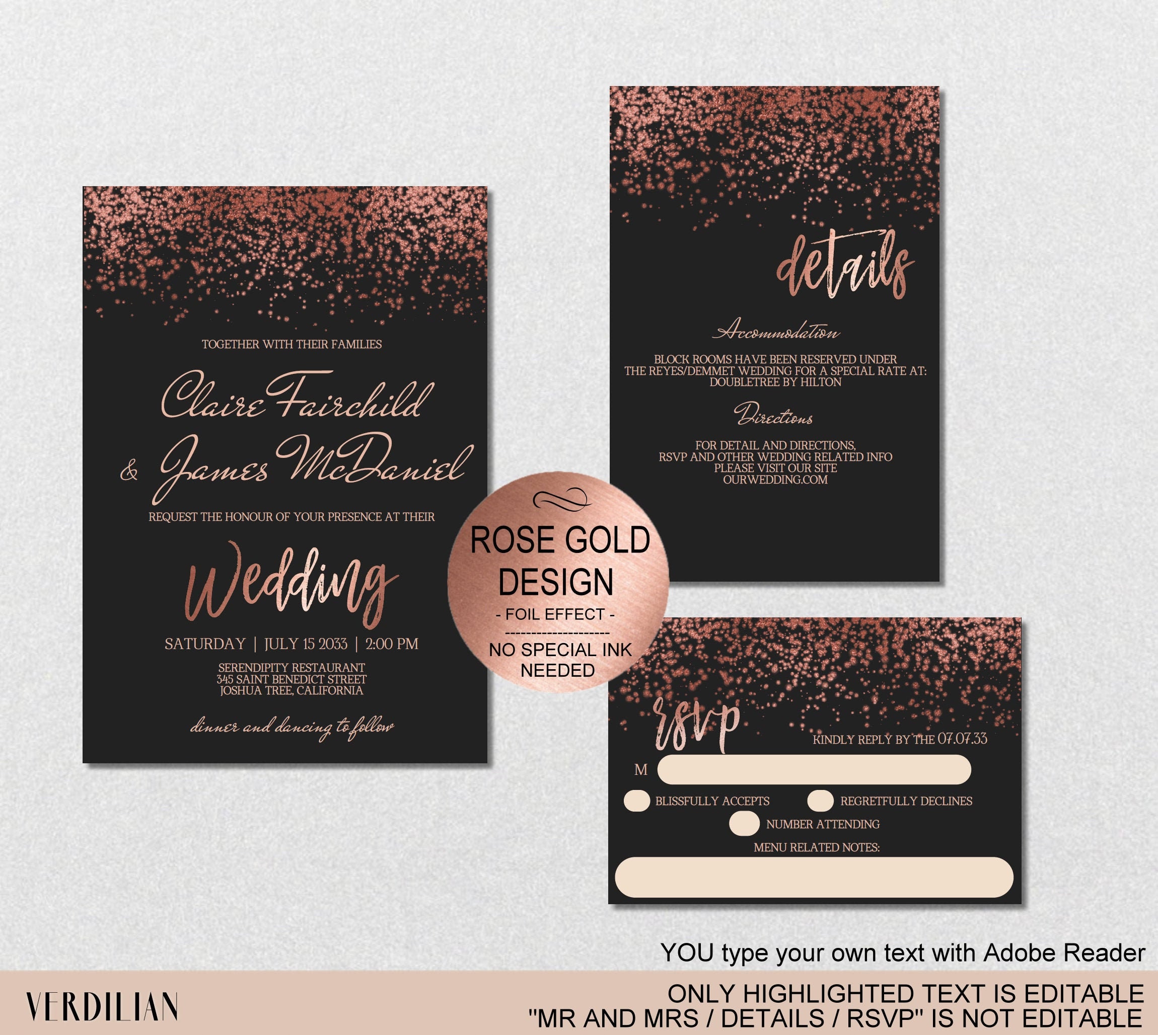 Black Rose Gold Wedding Invitation Template Set DIY - Etsy España