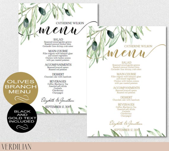 Rustic Wedding Menu Template Olive Branch Menu TemplateGreen Etsy