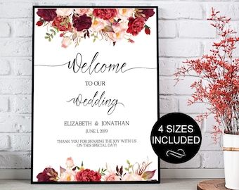 Wedding Welcome Sign Template Wedding Reception Greet Guests Burgundy Printable Welcome to Our Wedding Poster Board DIY Template| VRD137SBB