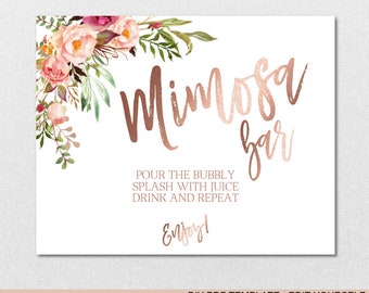 Mimosa Bar Sign, Gold Blush Floral Brunch and Bubbly Bar Signage, Champagne Juice Bar Bridal Shower Printable  DIY PDF Template | VRD156RWF