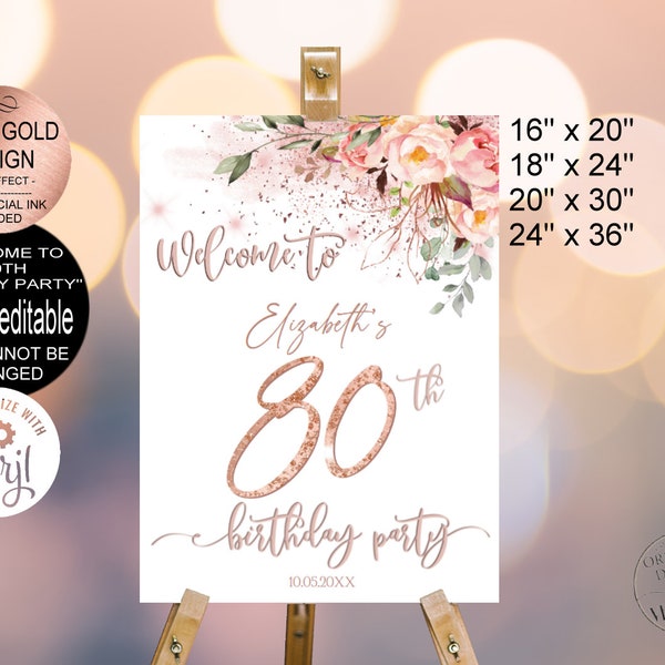 80th Birthday Party Welcome Sign, Welcome Birthday Sign, Rose Gold Birthday Welcome Sign, Welcome Sign Birthday Corjl Template|VRD580YHZ z3