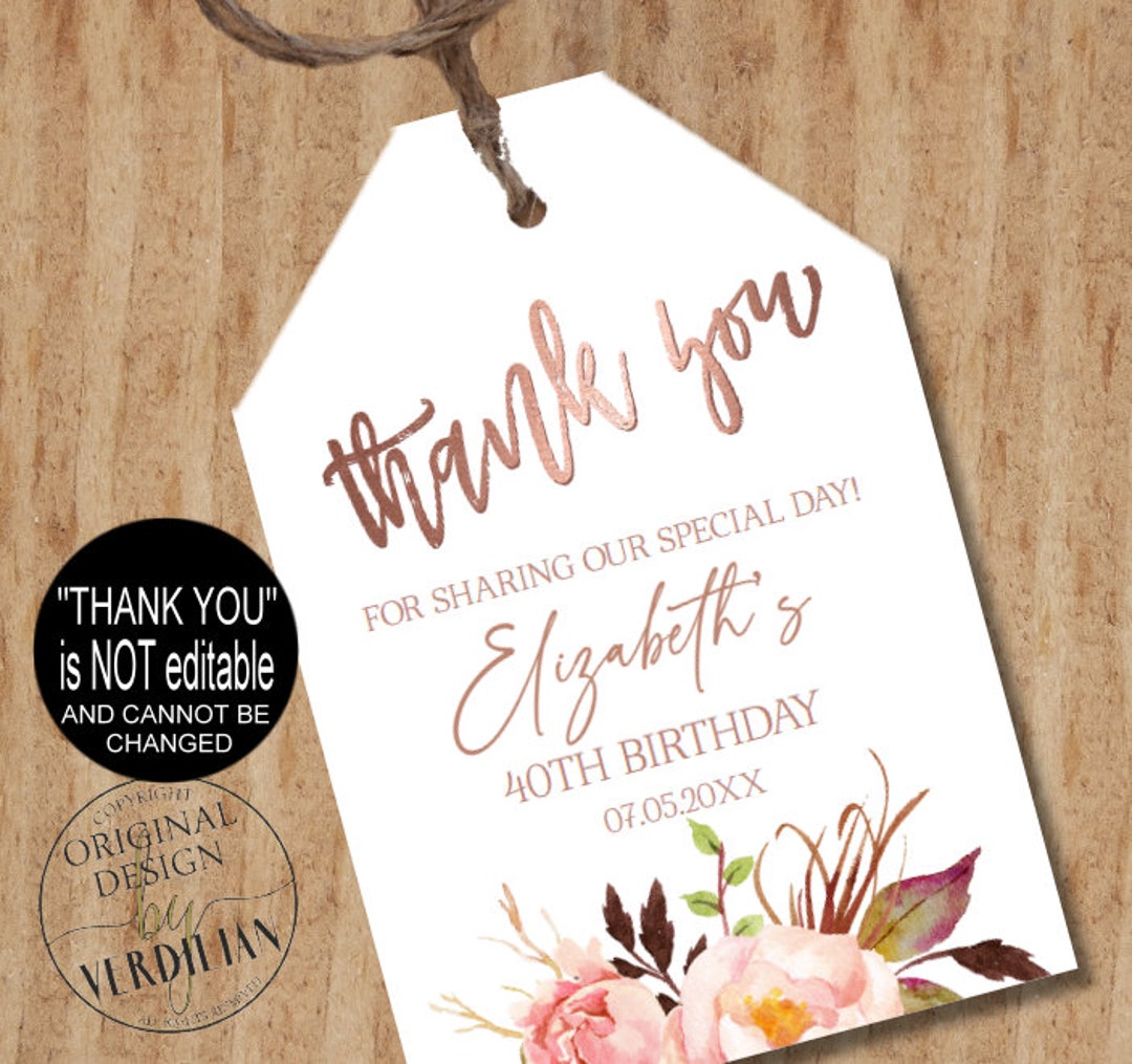 Birthday Favor Tags Template Floral Rose Gold Wedding Thank You Tag Shower  Gift Tag Template Corjl DOWNLOAD Instantlyvrd156ks 99 - Etsy