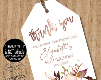 Birthday Favor Tags Template Floral Rose Gold Wedding Thank You Tag Shower Gift Tag Template Corjl DOWNLOAD Instantly|VRD156KS 99