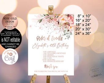 Order of Events Wedding Sign, Birthday Sign, Rose Gold Itinerary Sign Wedding Timeline Sign Poster Board Corjl Template|VRD500SSR z3 99