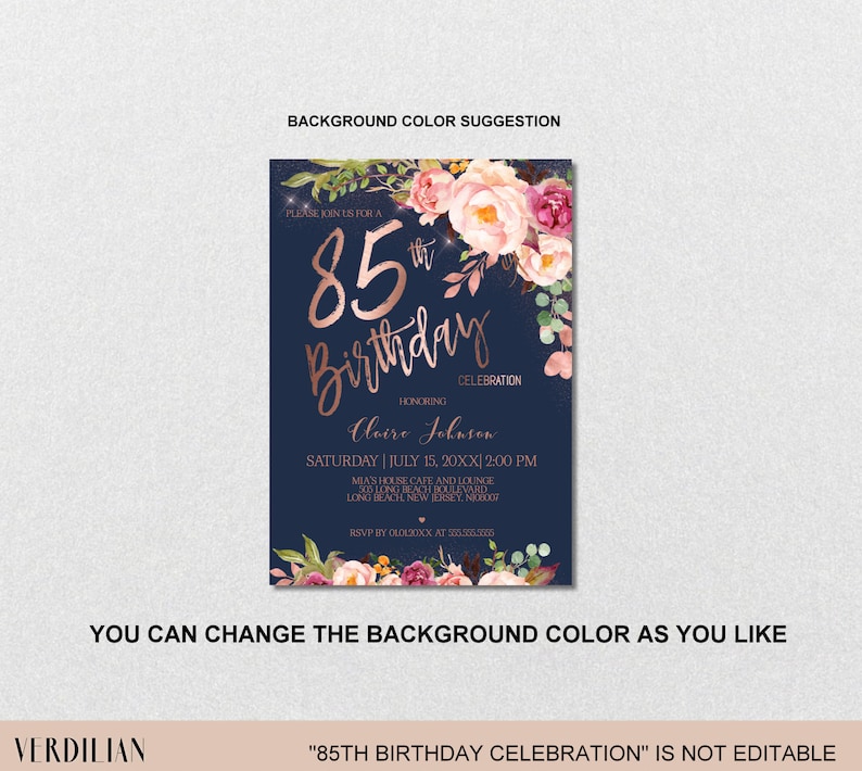 85th Birthday Invitation for Women, Digital Blush Pink Rose Gold Floral Birthday Party Invitation, Corjl Instant Download, EviteVRD585GSR image 4