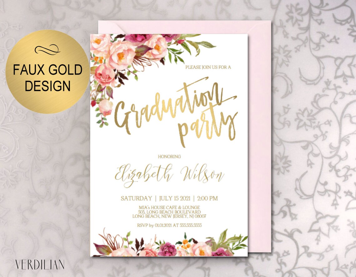 Graduation Party Invitation Printable Template Blush and Faux | Etsy