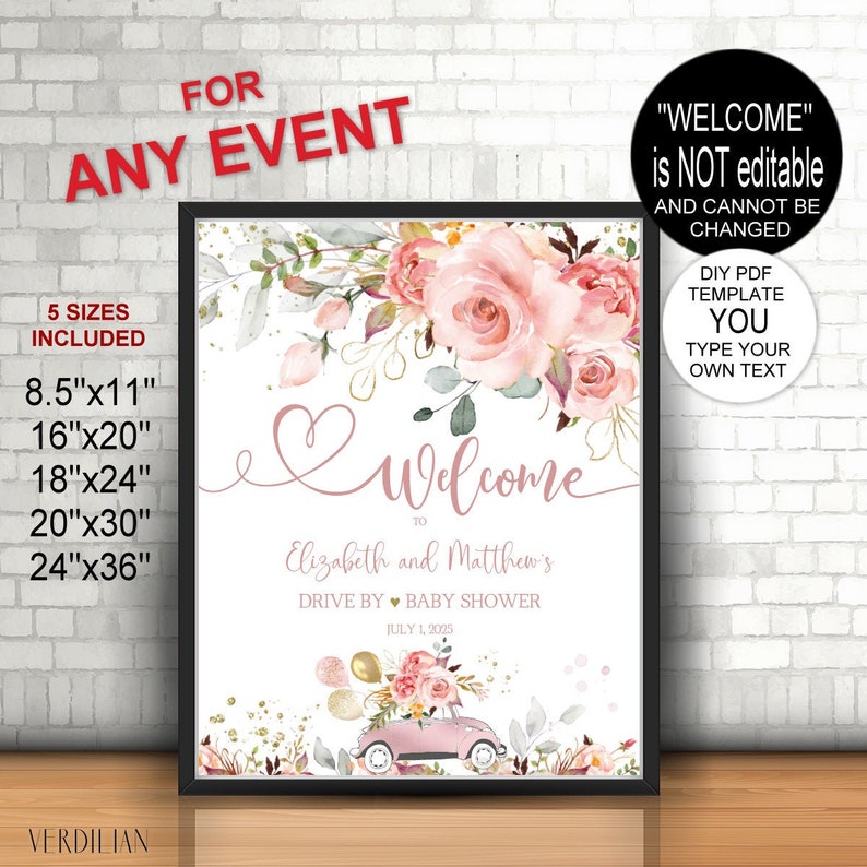 Any Event Blush Gold Floral Drive by Baby Shower Welcome Sign Template Reception Greet Guests Printable Poster Board DIY Template VR164WSB