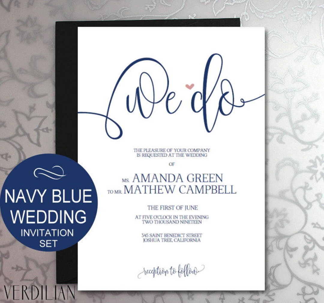 Navy Blue Wedding Invitation Template Set Wedding Invite