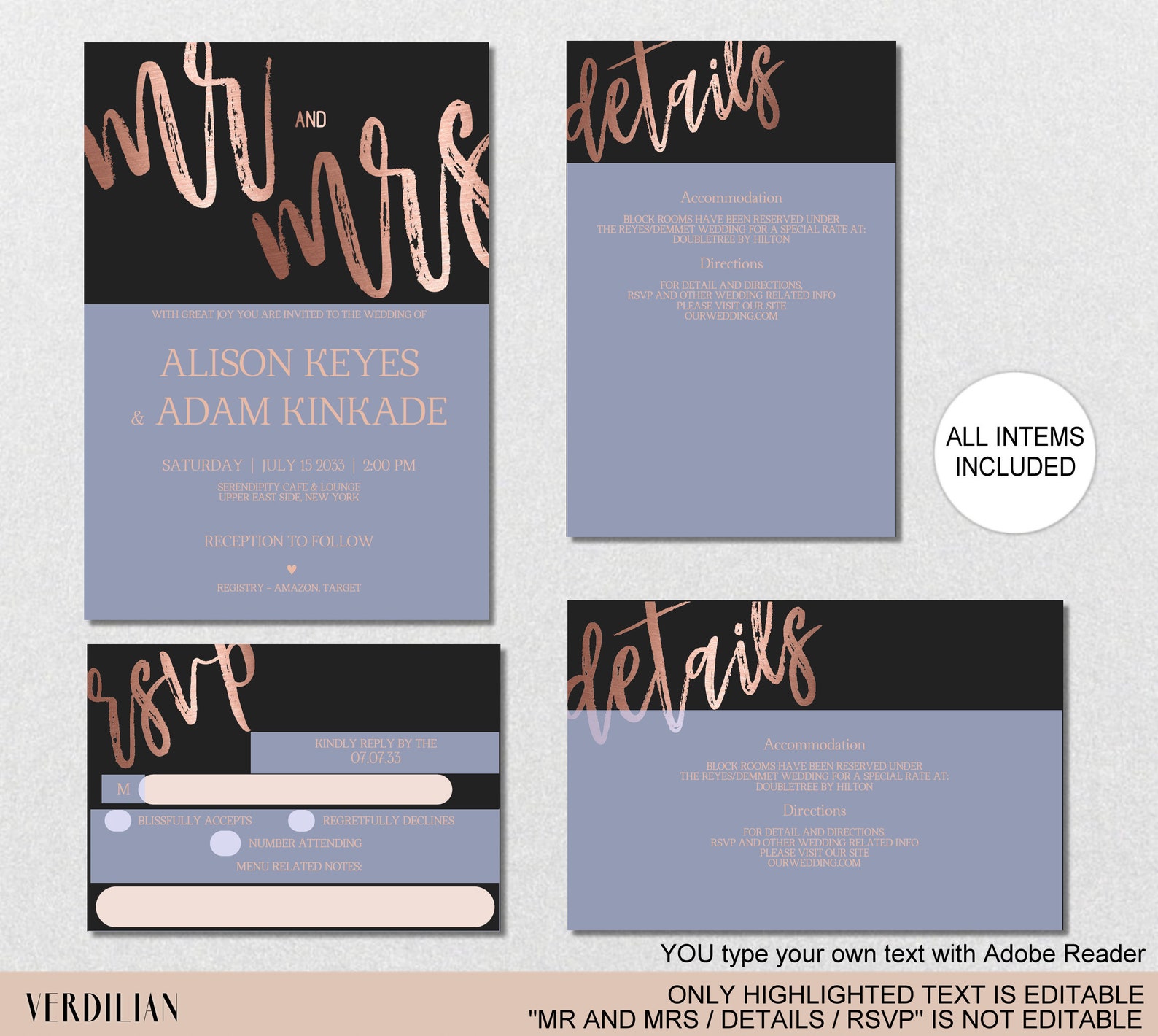 Black Rose Gold Wedding Invitation Template Set DIY | Etsy