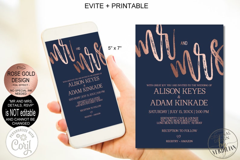 Navy Rose Gold Wedding Invitation Template Set Digital Corjl Phone Evite Instant Download VRD115ANR image 4