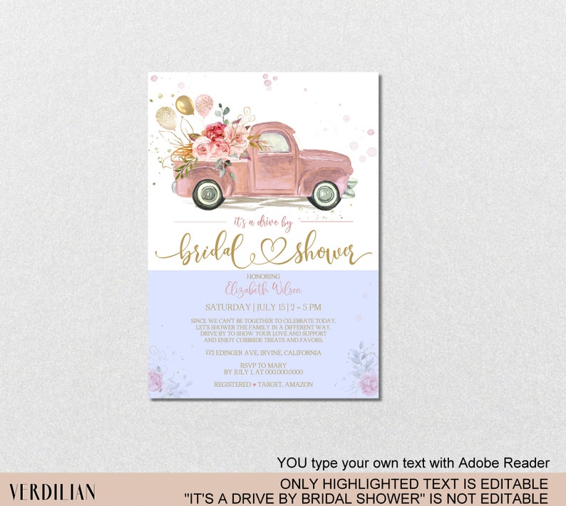 Drive by Bridal Shower Invitation Blush Floral Gold Wedding Etsy