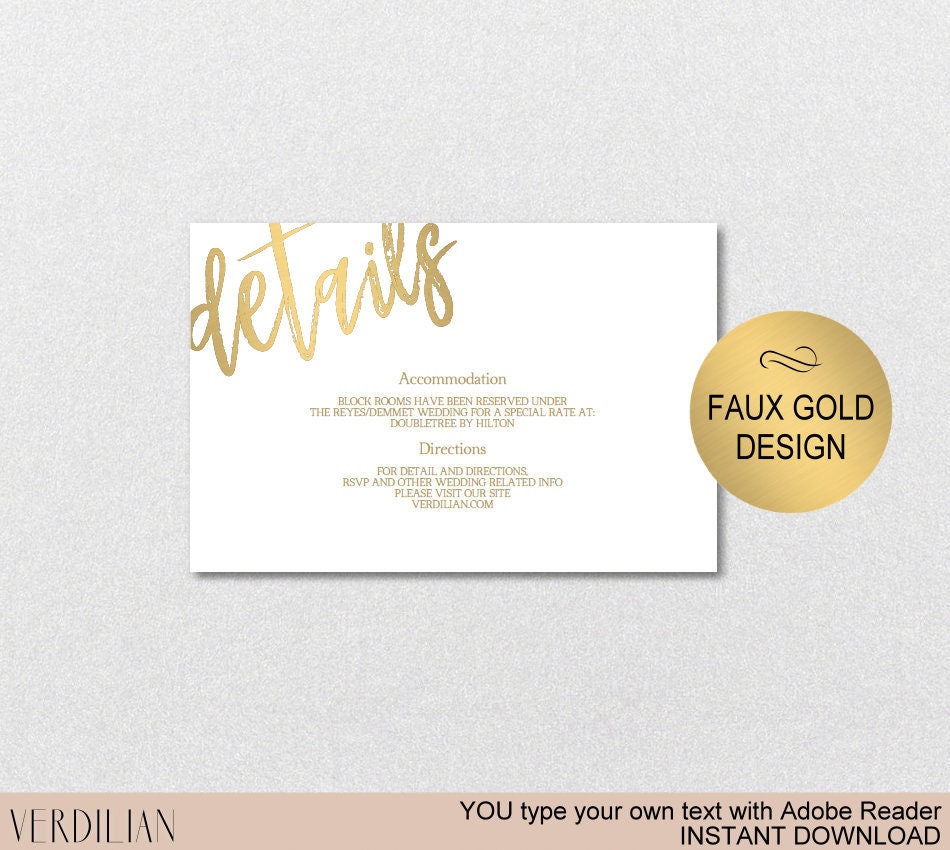 DIY Details Card Editable Template Printable Gold Insert Info | Etsy