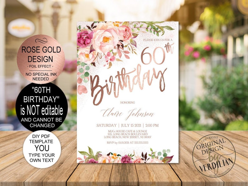Digital 60th Birthday Invitation Template Blush Rose Gold Etsy
