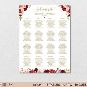 Seating Chart Template, Wedding Floral Burgundy Peonies Seating Chart Printable DIY Editable PDF-DOWNLOAD Instantly VRD137NWG image 3