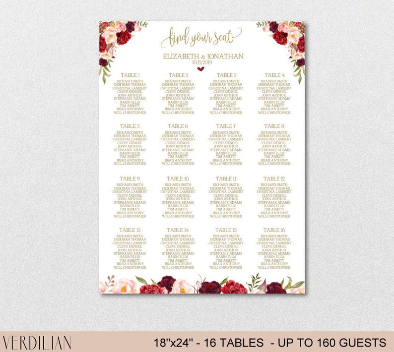 Seating Chart Template, Wedding Floral Burgundy Peonies Seating Chart Printable DIY Editable PDF-DOWNLOAD Instantly VRD137NWG Bild 3