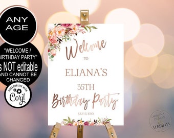 Birthday Party Welcome Sign, Welcome Birthday Sign, Rose Gold Birthday Welcome Sign, Welcome Sign Birthday Corjl Template|VRD164YHS 99