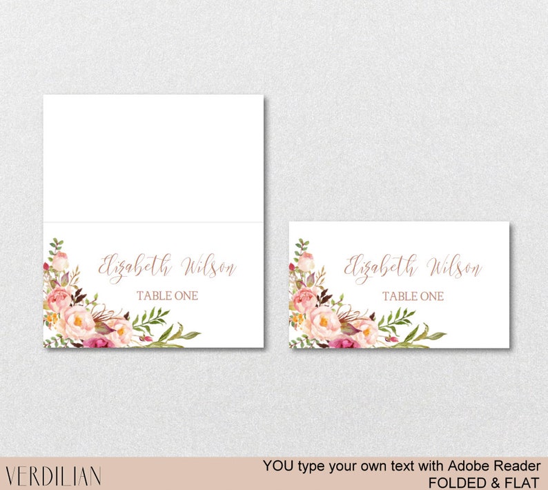 Blush Floral Reception Flat /& Folded DIY PDF Template Instant Download VRD156LJR Rose Gold Place Card Wedding Printable and Escort Cards