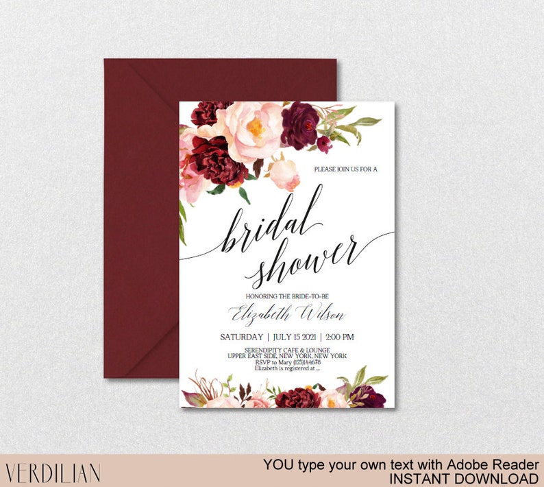 Marsala Bridal Shower Invitation Printable Template Wedding - Etsy