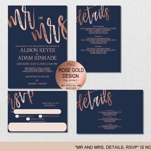 Navy Rose Gold Wedding Invitation Template Set Digital Corjl Phone Evite Instant Download VRD115ANR image 2