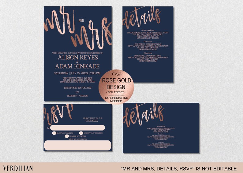 Navy Rose Gold Wedding Invitation Template Set Digital Corjl Phone Evite Instant Download VRD115ANR image 2