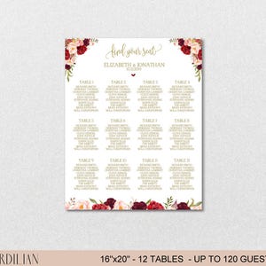 Seating Chart Template, Wedding Floral Burgundy Peonies Seating Chart Printable DIY Editable PDF-DOWNLOAD Instantly VRD137NWG image 2