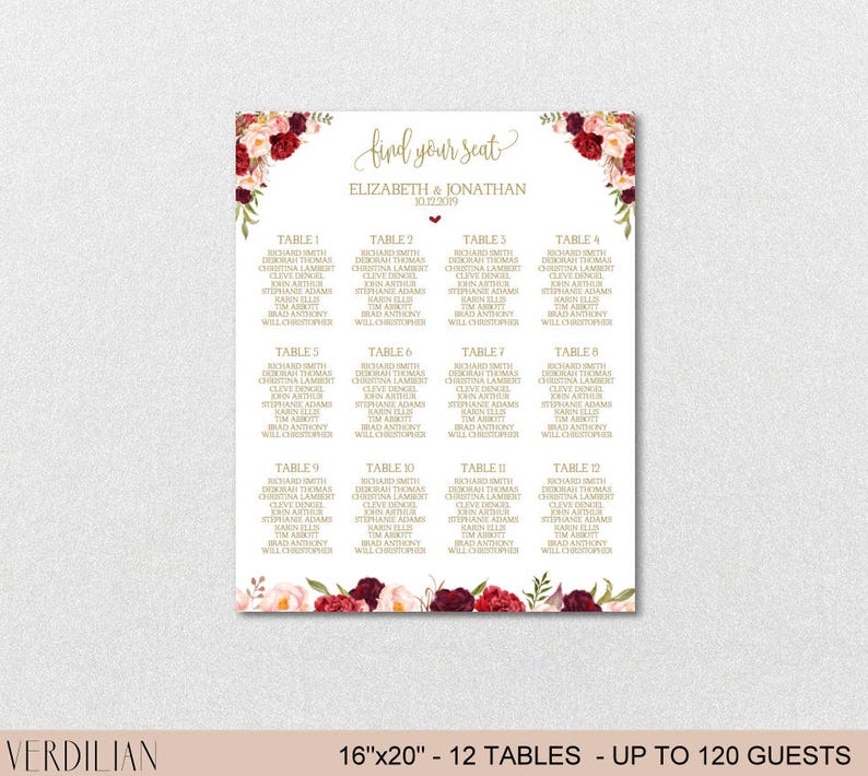 Seating Chart Template, Wedding Floral Burgundy Peonies Seating Chart Printable DIY Editable PDF-DOWNLOAD Instantly VRD137NWG image 2