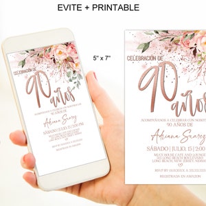 Geburtstags-Einladung 90. Geburtstags-Einladung für Frauen Rosé Gold 90. Geburtstag Evite Digital Corjl Sofortiger Download|VRD590SRV z3
