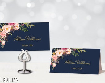 Navy Gold Place Cards Wedding Printable and Escort Cards, Reception Wedding Template Flat & Folded DIY Table Cards -PDF Download| VRD157LHG