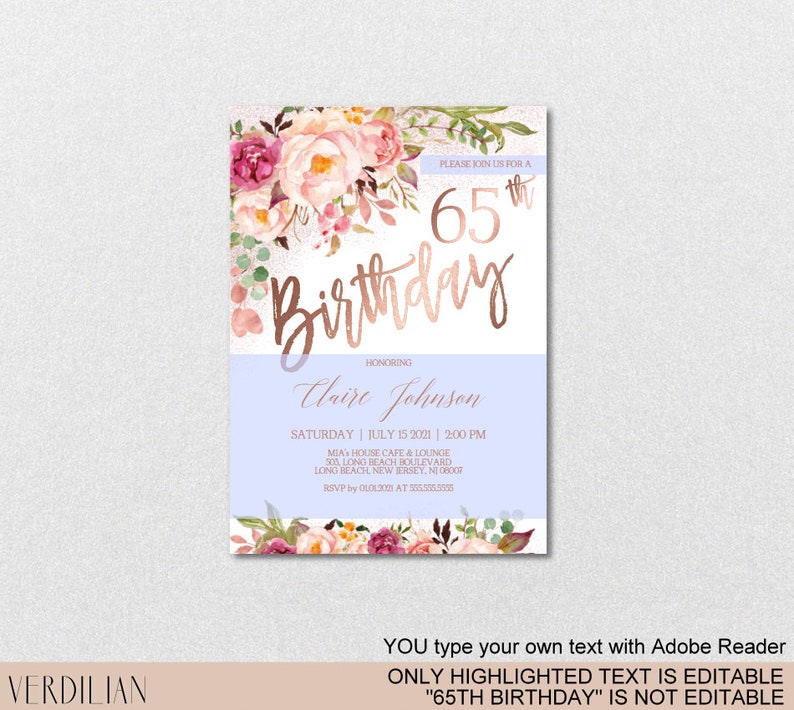 Diy 65th Birthday Invitation Template Blush Rose Gold Floral Etsy