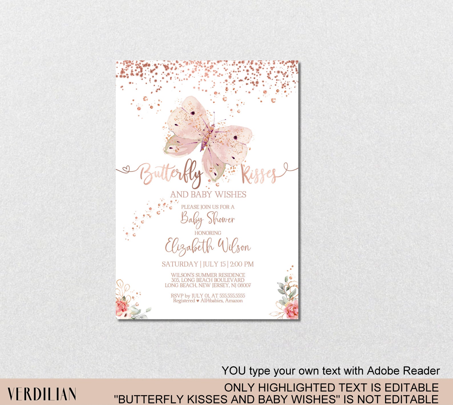 Rose Gold Butterfly Baby Shower Invitation Templatepink Etsy