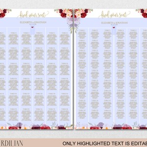 Seating Chart Template, Wedding Floral Burgundy Peonies Seating Chart Printable DIY Editable PDF-DOWNLOAD Instantly VRD137NWG Bild 10