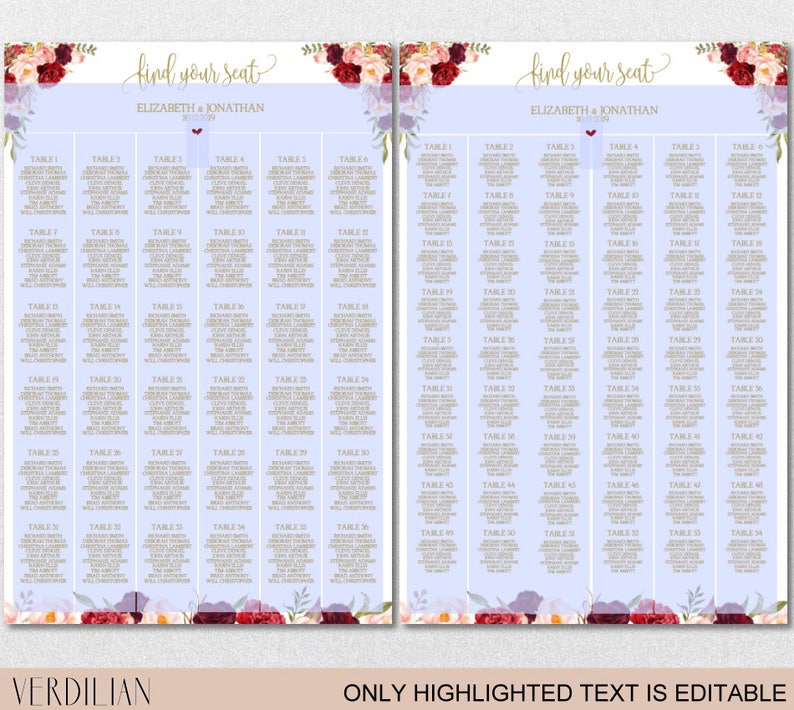 Seating Chart Template, Wedding Floral Burgundy Peonies Seating Chart Printable DIY Editable PDF-DOWNLOAD Instantly VRD137NWG image 10