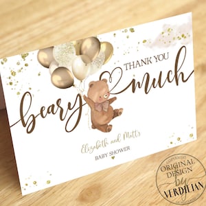 Gender Neutral Teddy Bear Thank You Note Template, Golf Balloons Bearly Wait for Baby Baby Shower Folded PDF-Instant Download|VRD145THT