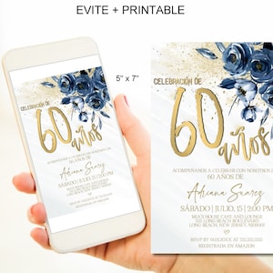 Spanish 60th Birthday Invitation for Women, 60 Cumpleanos Blue Gold 60th Birthday Invitation Digial Corjl Instant Download |VRD560NVG