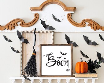 SVG / DXF - Halloween "Boo" Spooky Cute Bat Cut File - BOO Happy Halloween, Creepy Spider Web, Batty Farmhouse, Kids Baby Fall Design