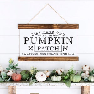May include: White wooden sign with black text that reads "Pick Your Own Locally Grown Pumpkin Patch 25¢ a pound 100% Organic Open Daily". The sign is hanging on a shelf with a decorative arrangement of green leaves, white cotton bolls, and small pumpkins in shades of green, white, and orange.