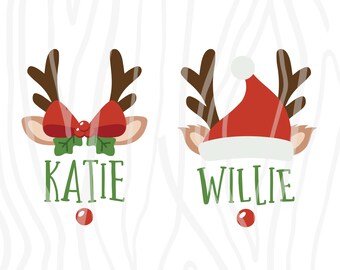 SVG / DXF - 2 PACK: Cute Reindeer Face Girl & Boy "Monogram Reindeer Faces" Bow or Santa Hat Base Cut Files, Red Nose, Antlers, Santa Claus