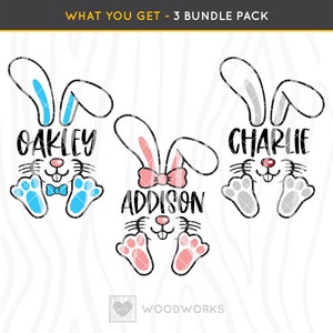 May include: Three Easter bunny illustrations with personalized names. The bunny on the left is blue with a bow tie and the name "Oakley". The bunny in the middle is pink with a bow and the name "Addison". The bunny on the right is gray with the name "Charlie".