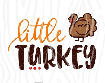 May include: Orange and brown graphic design with the text "little turkey" and three red dots. A cartoon turkey is to the right of the text.