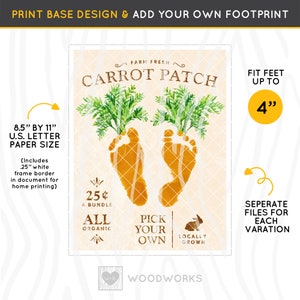 May include: Printable design for a carrot patch footprint art project. The design features two orange footprints with green carrot tops, the text "Carrot Patch", and the words "Farm Fresh" and "Locally Grown".