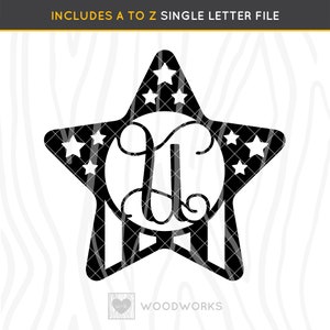 SVG / DXF - A to Z Alphabet "Star USA Flag Script Letter Initial" Cut File - Monogram Door Hanger Letter Set, 4th of July Wooden Letter File