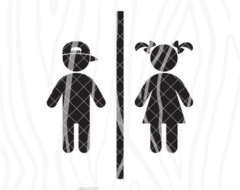 May include: Black and white silhouette of a boy and girl with a dividing line between them. The boy is wearing a baseball cap and the girl has pigtails. The text "WOODWORKS" is below the silhouettes.